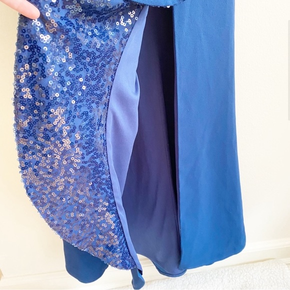 Carmen Marc Valvo Cold Shoulder Sequin Ruffled Evening Gown Navy Blue 12 NWOT - Picture 3 of 4